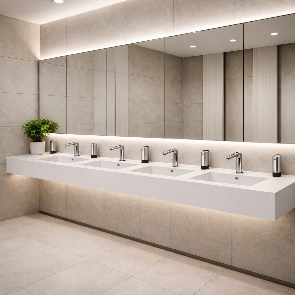 Modern commercial restroom with coordinated touchless fixtures